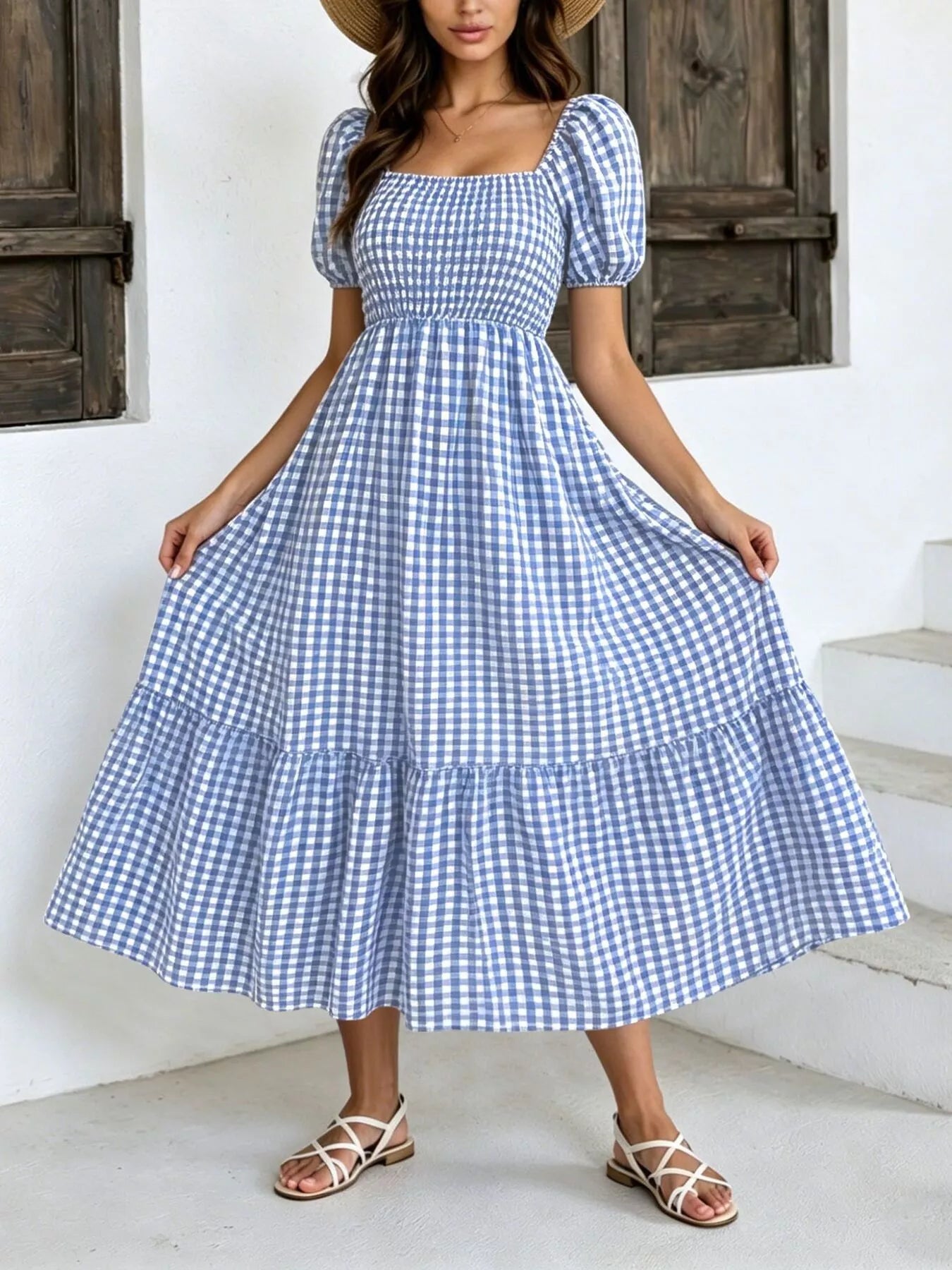 Gingham Smocked Puff Sleeve Midi Dress