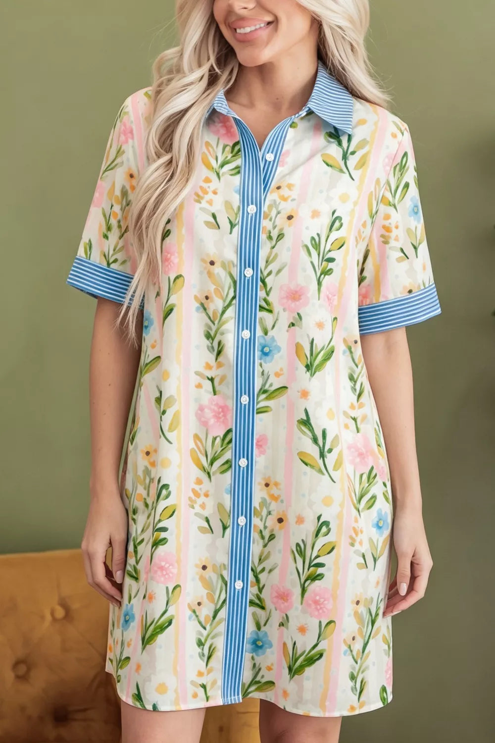 Floral Striped-Trim Shift Dress