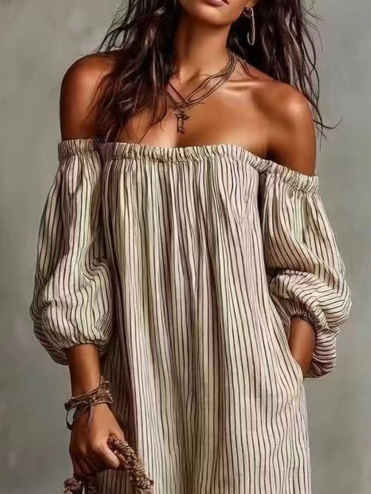 Off-Shoulder Striped Maxi Dress with Puff Sleeves