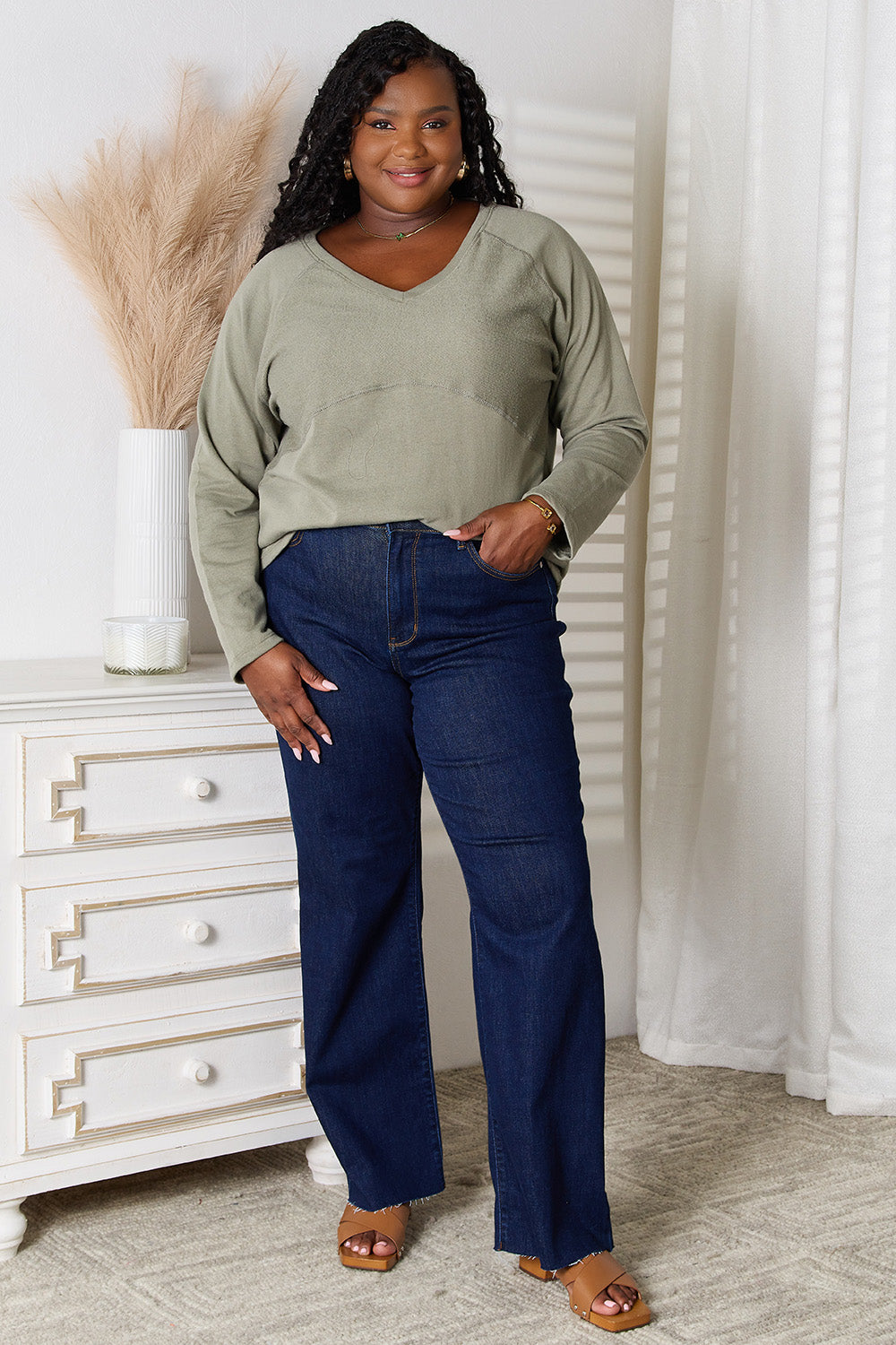 Culture Code V-Neck Long Sleeve Tee in Sage