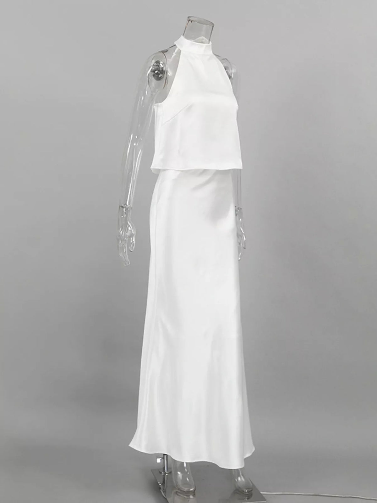 Satin Halter Two-Piece Skirt Set in White