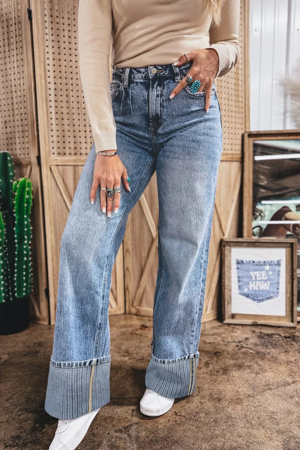 Cuffed Straight-Leg Distressed Jeans in Medium Wash
