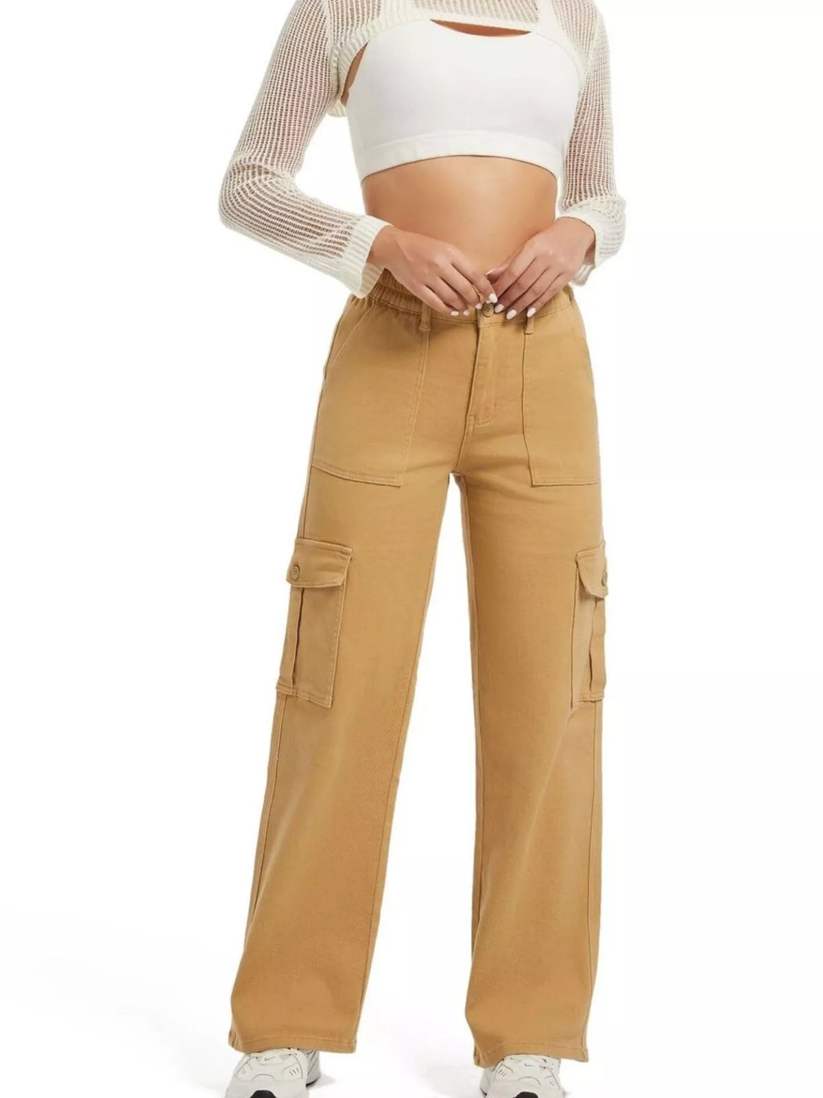 High-Waisted Cargo Jeans with Contrast Stitching