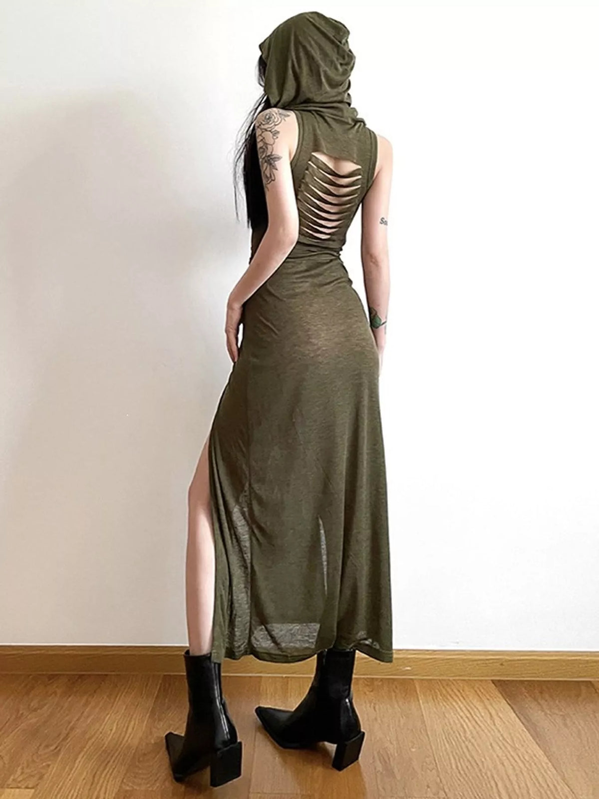 Sleeveless High-Slit Hooded Maxi Dress