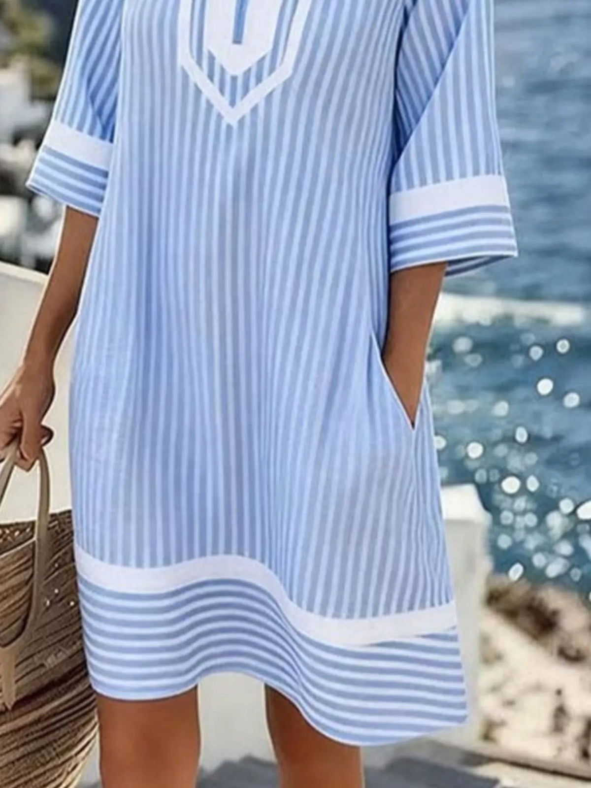 Striped V-Neck Pocketed Casual Dress