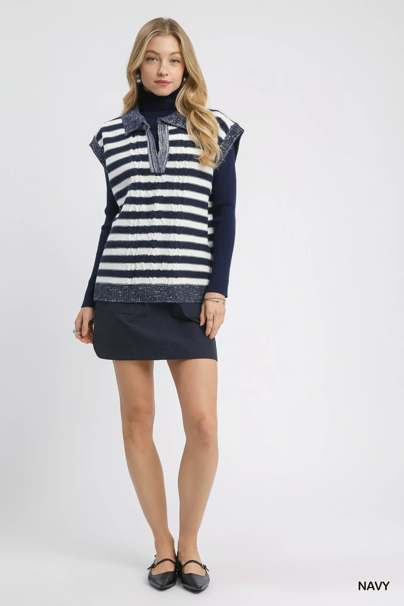 Umgee Cable Knit Collared Striped Sweater Vest in Navy