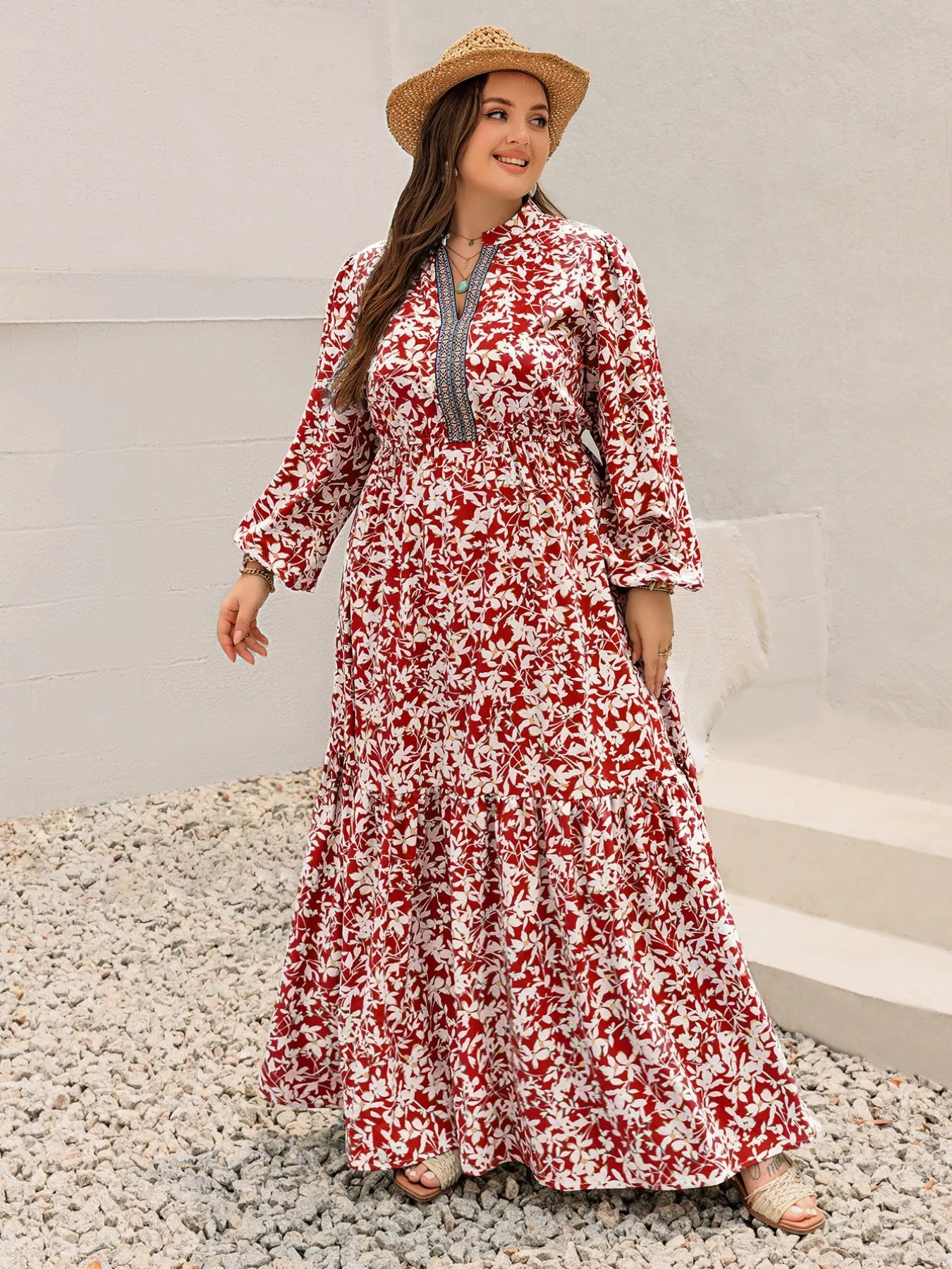 Floral Print Long Sleeve Maxi Dress in Deep Red