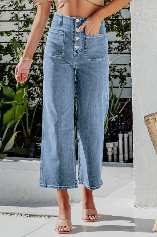 Cropped Wide Leg Jeans with Button Fly