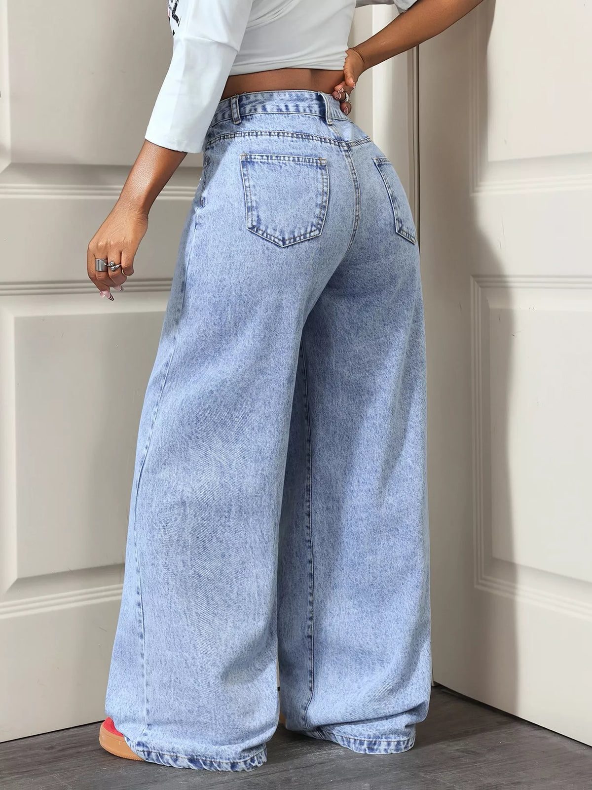 Asymmetric Wrap Wide-Leg Jeans in Blue