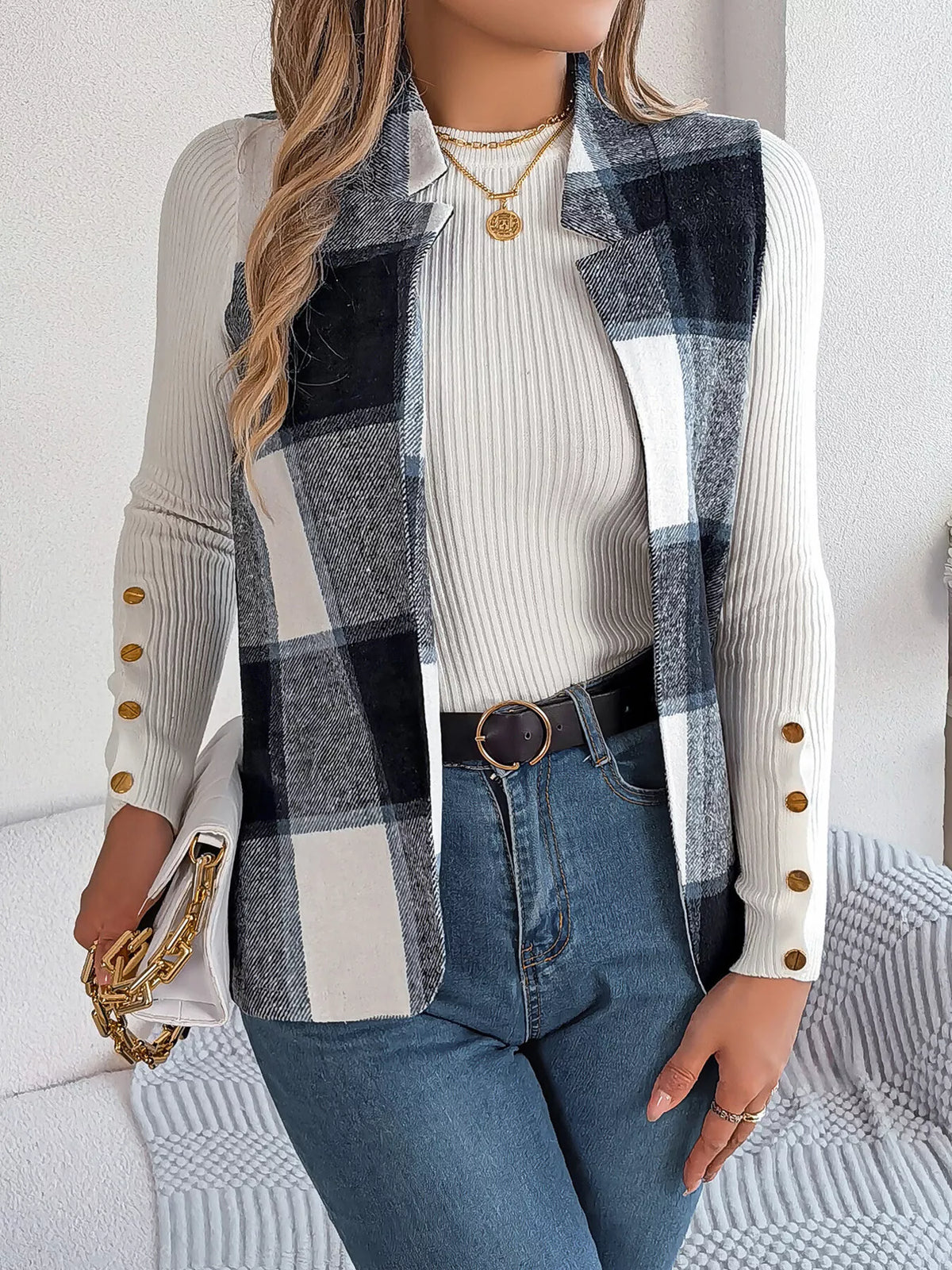 Plaid Open-Front Vest by Clise