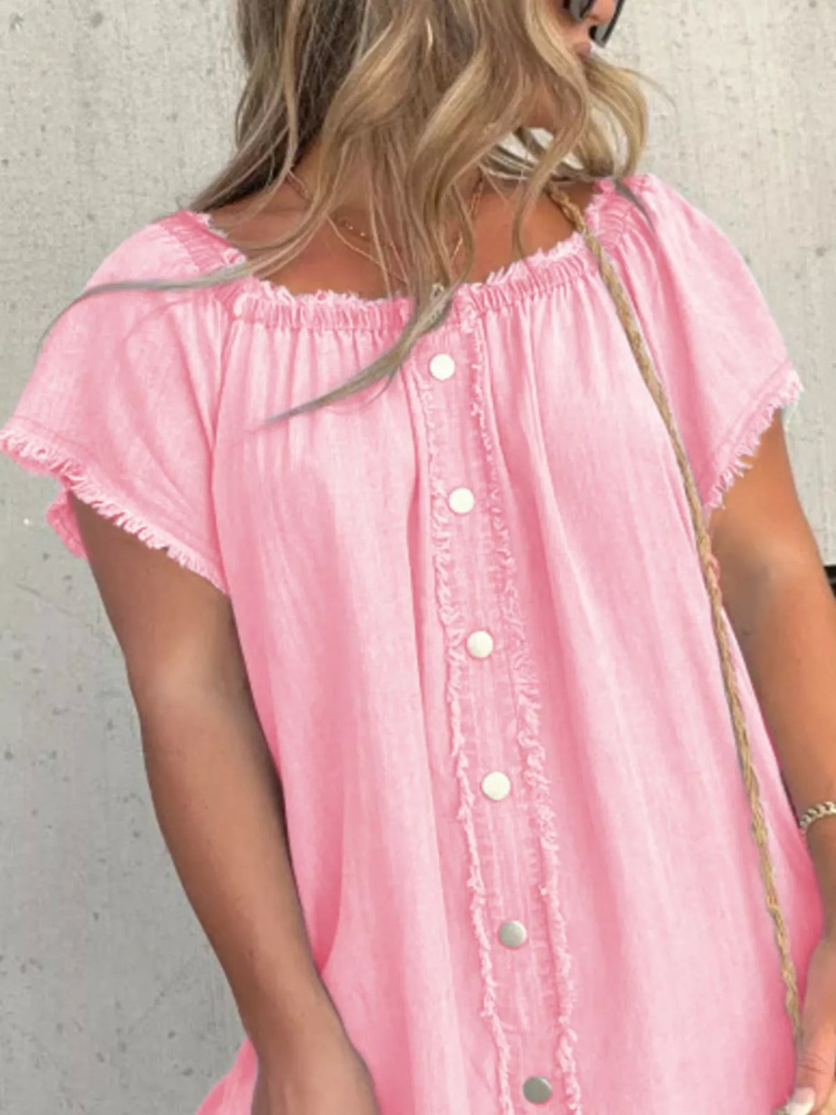 Off-Shoulder Button-Down Frayed Denim Dress