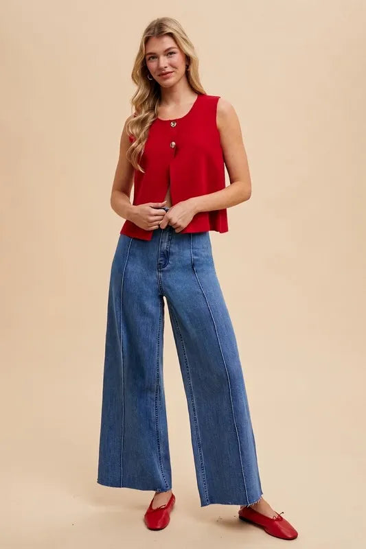 Annie Wear Metal Button Crop Sweater Vest in Red