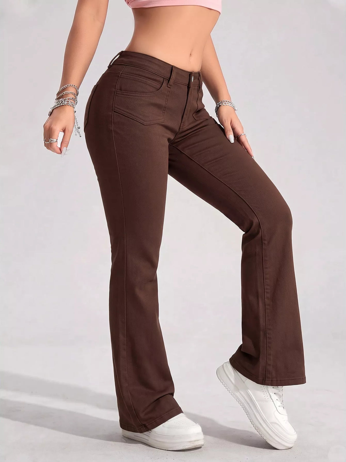 High-Waisted Flare Leg Jeans in Brown