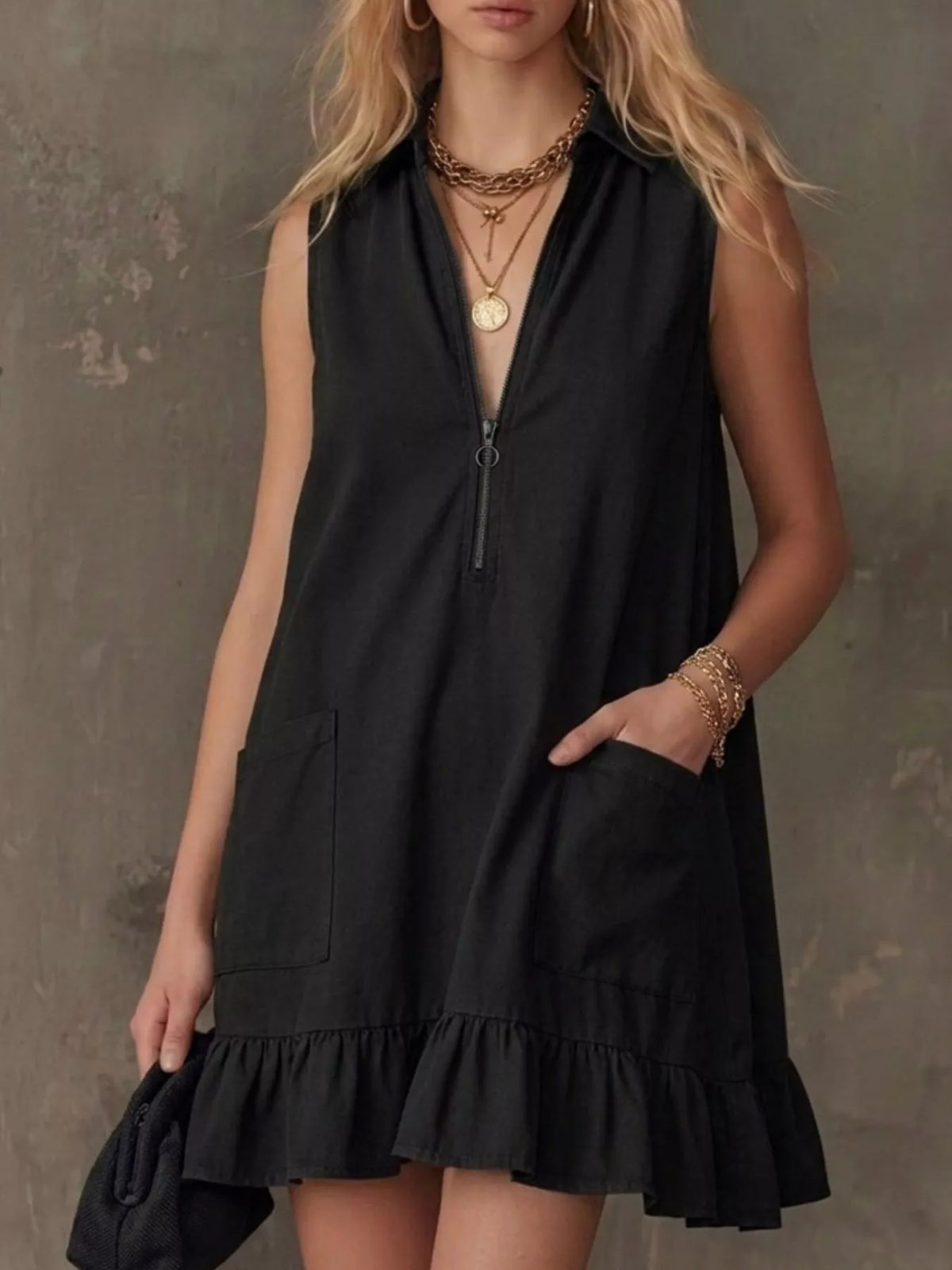 Collared Zip-Front Ruffle Hem Dress