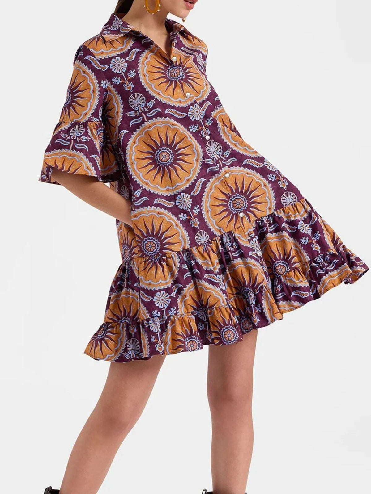 Buttoned Floral Ruffle-Sleeve Mini Dress by Rosaline