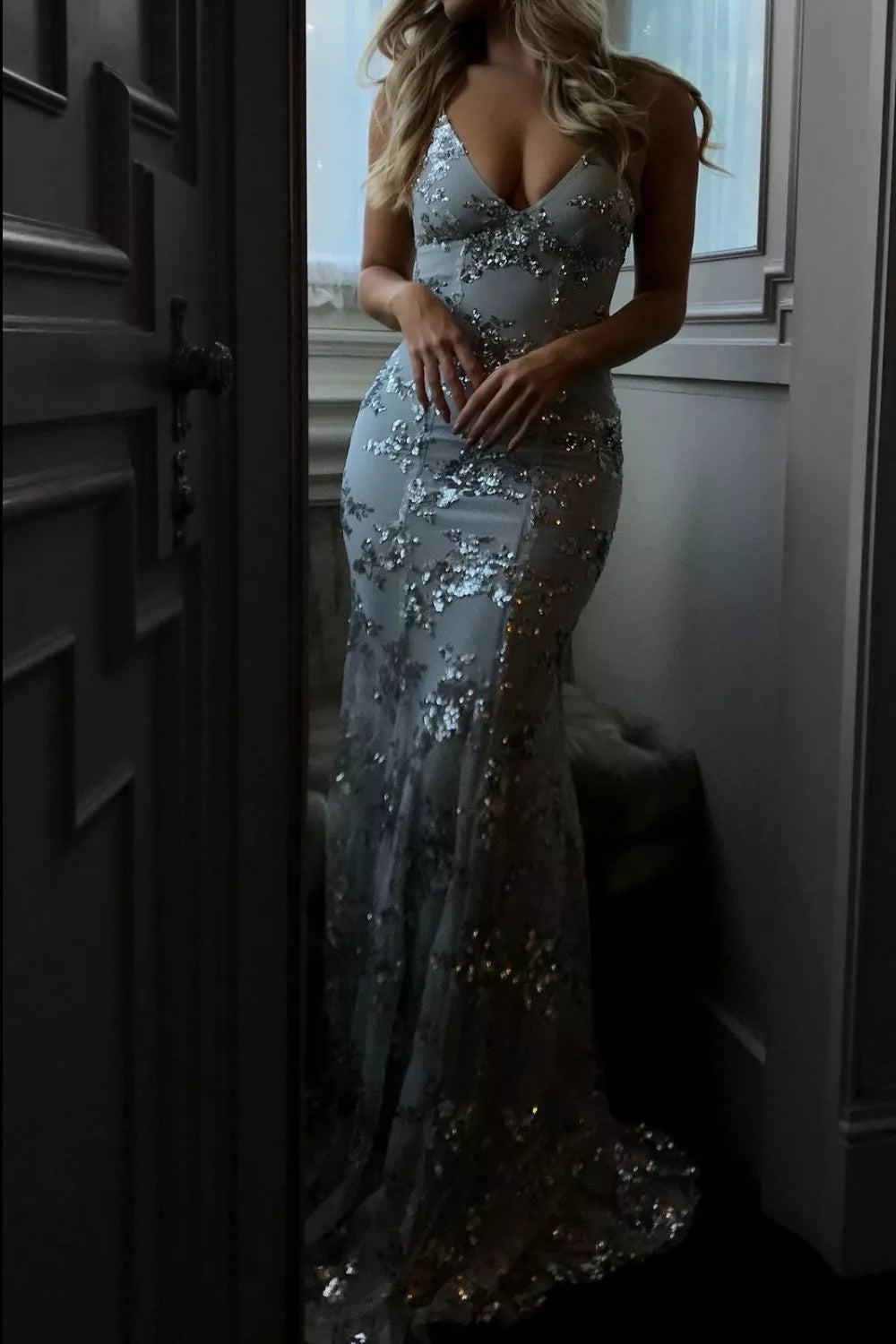 Sequin Tie-Back V-Neck Maxi Dress