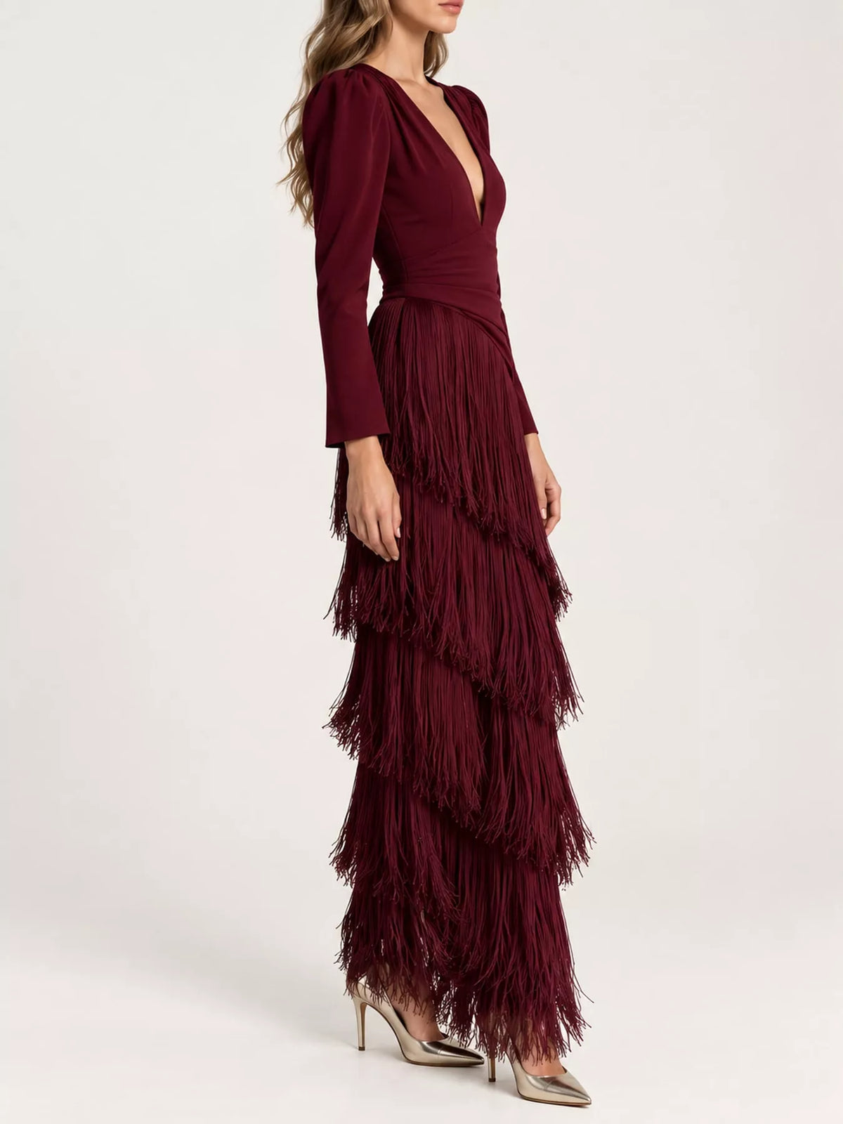 Fringed V-Neck Puff Sleeve Maxi Dress