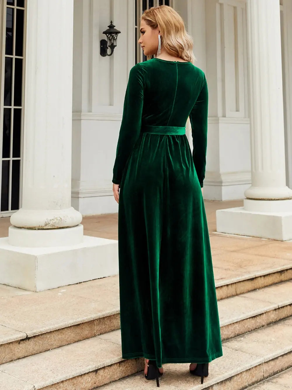 Tie-Front Round-Neck Long-Sleeve Maxi Dress
