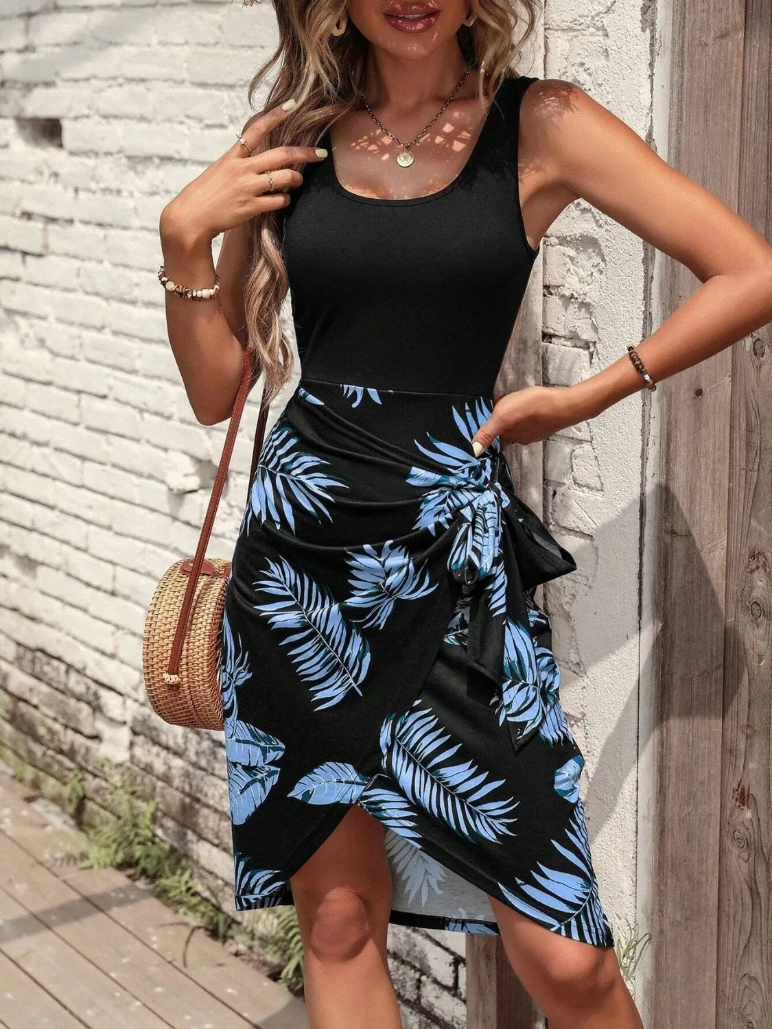 Printed Wide Strap Tied Tank Dress