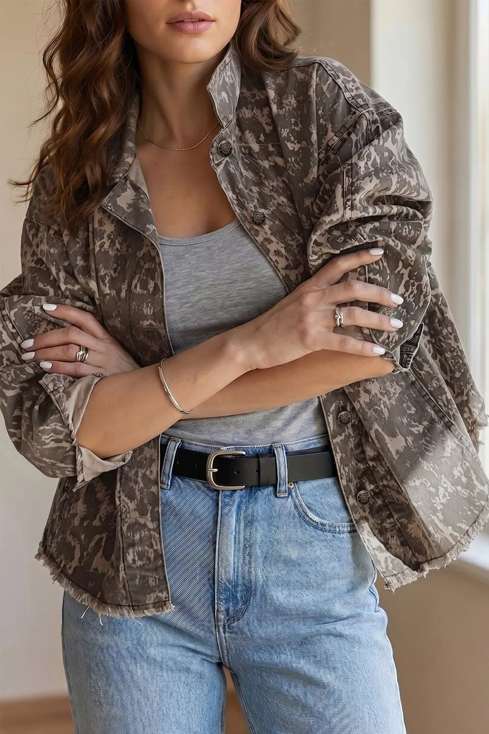 Abstract Print Raw Hem Denim Jacket in Mocha