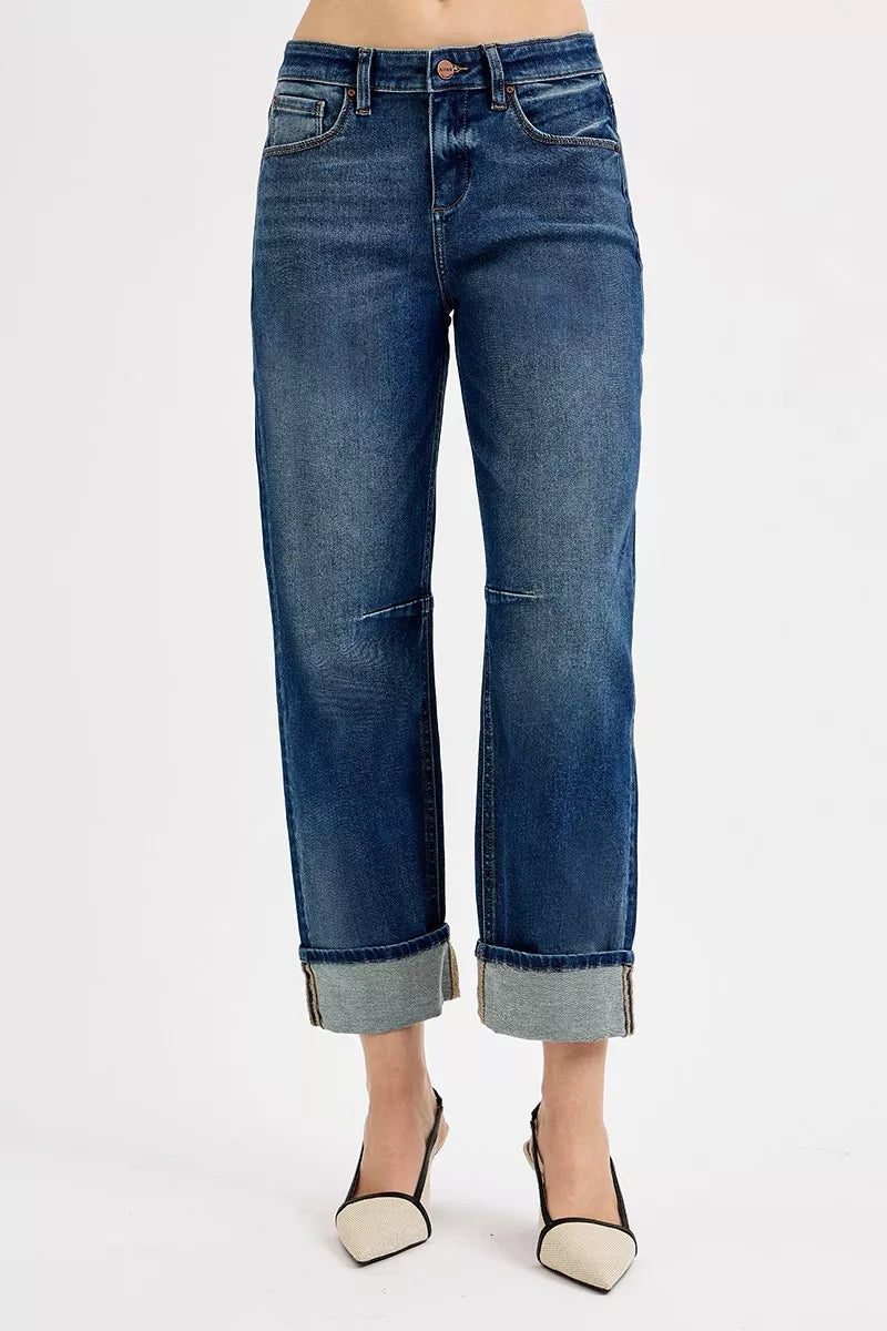 Risen Slouchy Crop Barrel Cuffed Jeans in Dark
