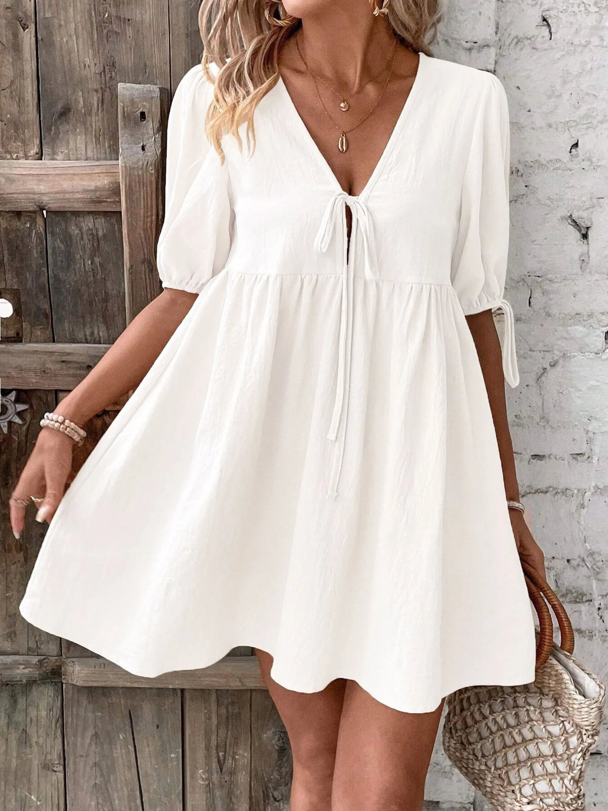 V-Neck Tie-Front Mini Dress with Puff Sleeves