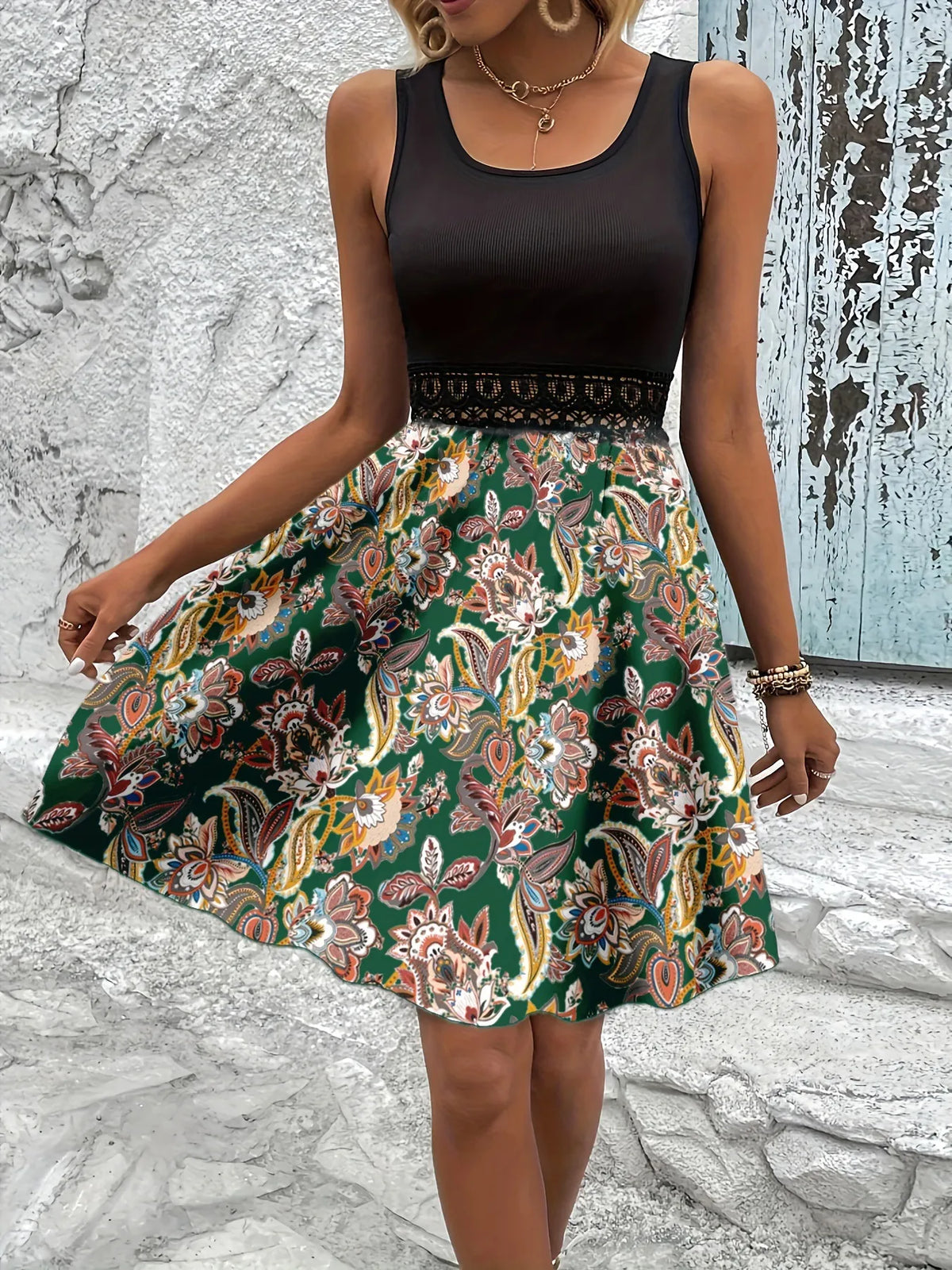 A-Line Tank Dress with Lace Waist Detail by Classic Comfort