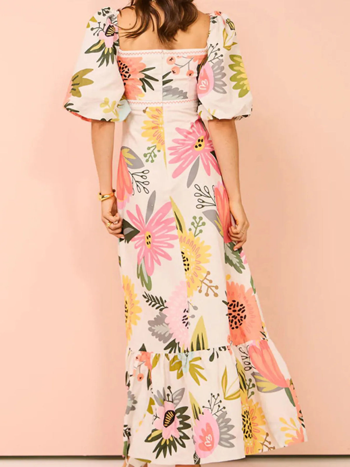 Floral Square-Neck Puff-Sleeve Maxi Dress in Blue