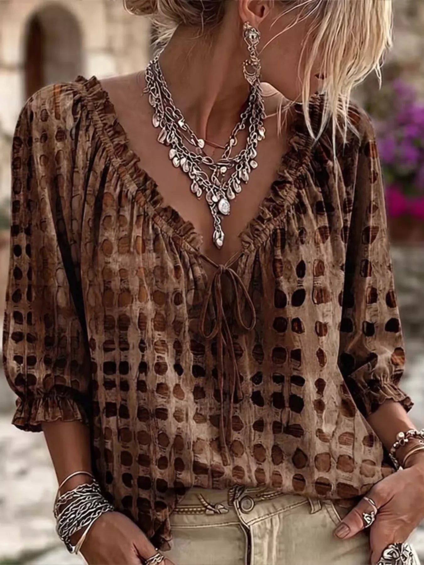 Tie Neck Ruffle Blouse