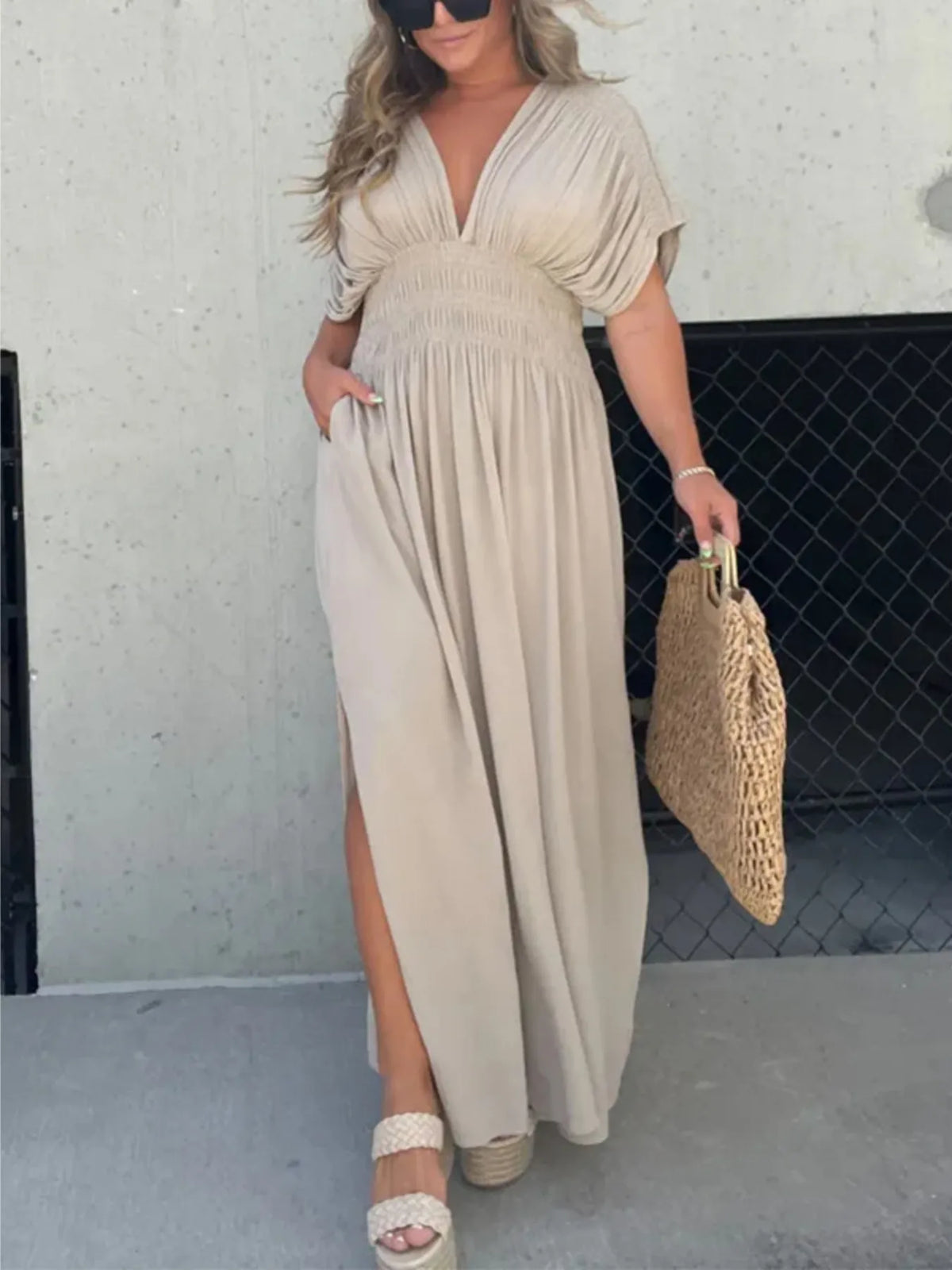 Deep V-Neck Maxi Dress with Side Slit