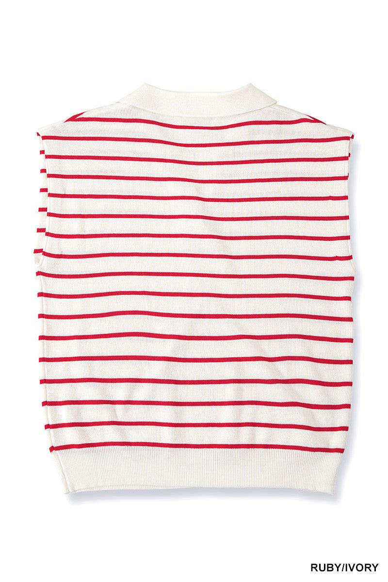 Zenana Striped Collared Sweater Vest in Ruby & Ivory in Ruby/ivory