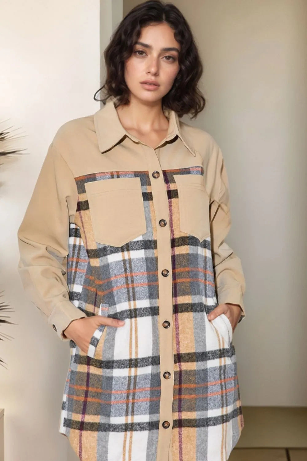 Pocketed Plaid Long-Sleeve Mini Shirt Dress in Khaki