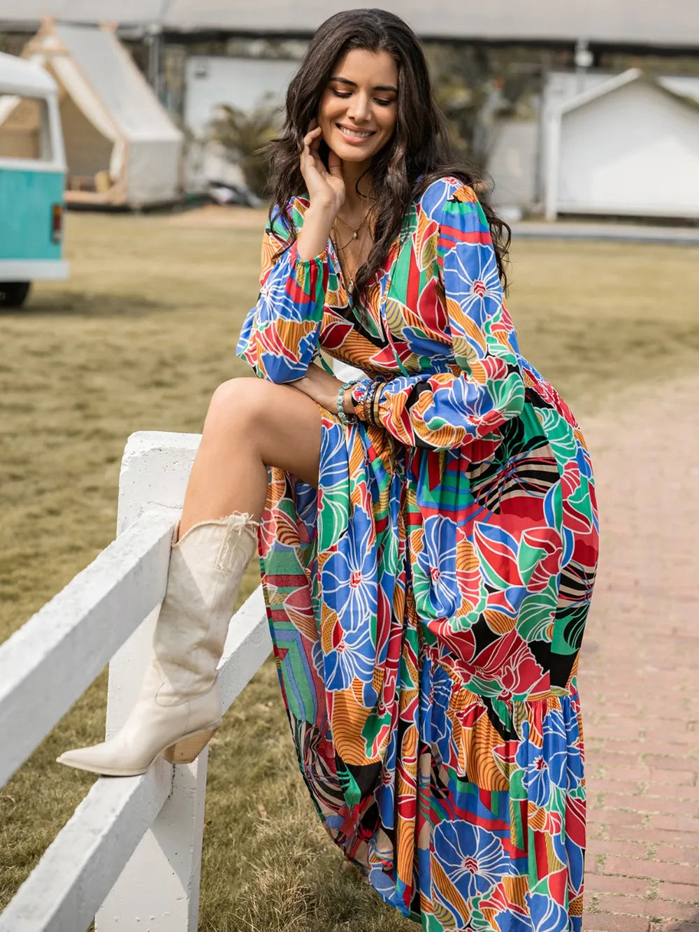 Multicolor Smocked Balloon Sleeve Maxi Dress