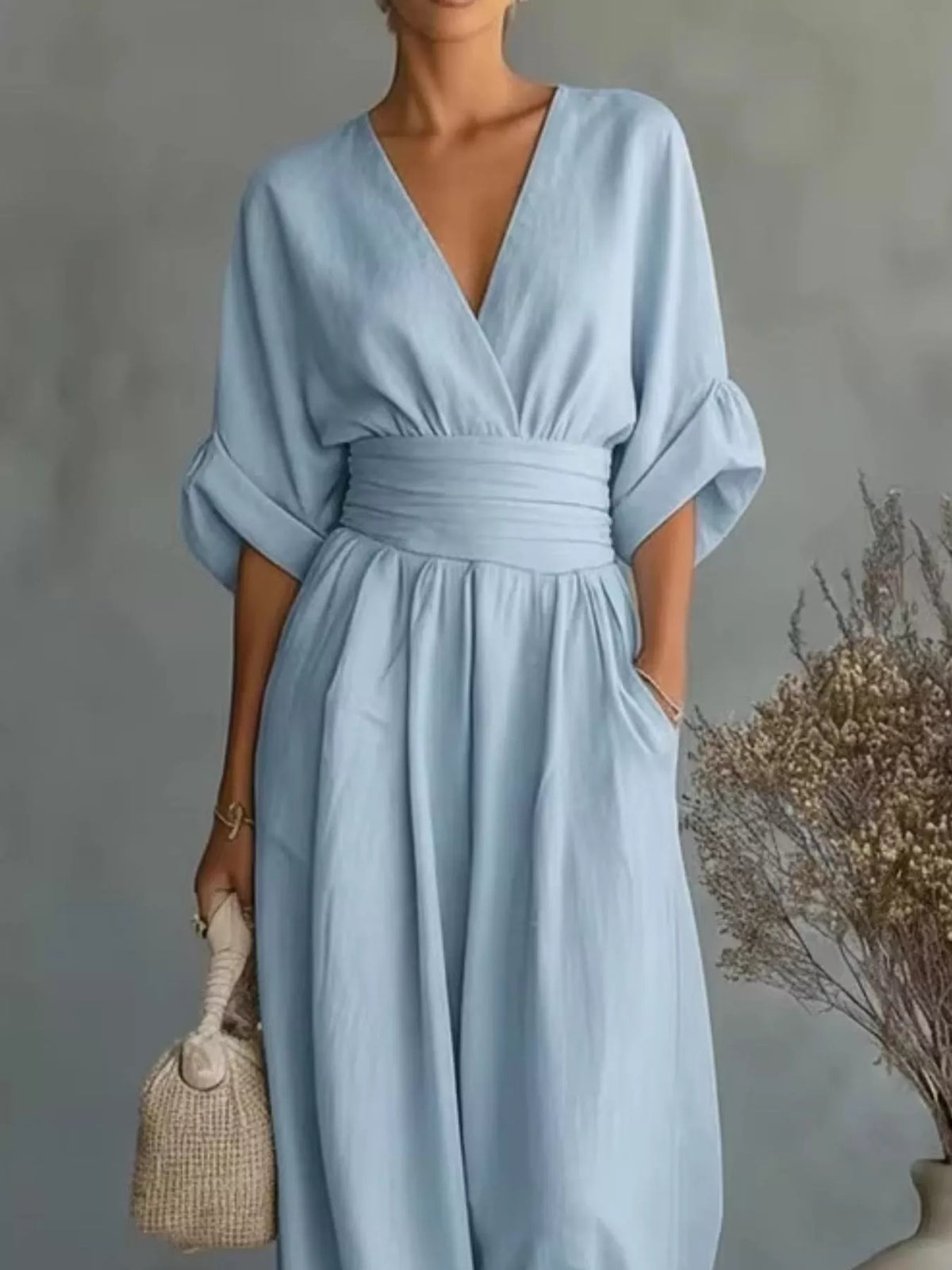 Ruched Half Sleeve Wide-Leg Jumpsuit