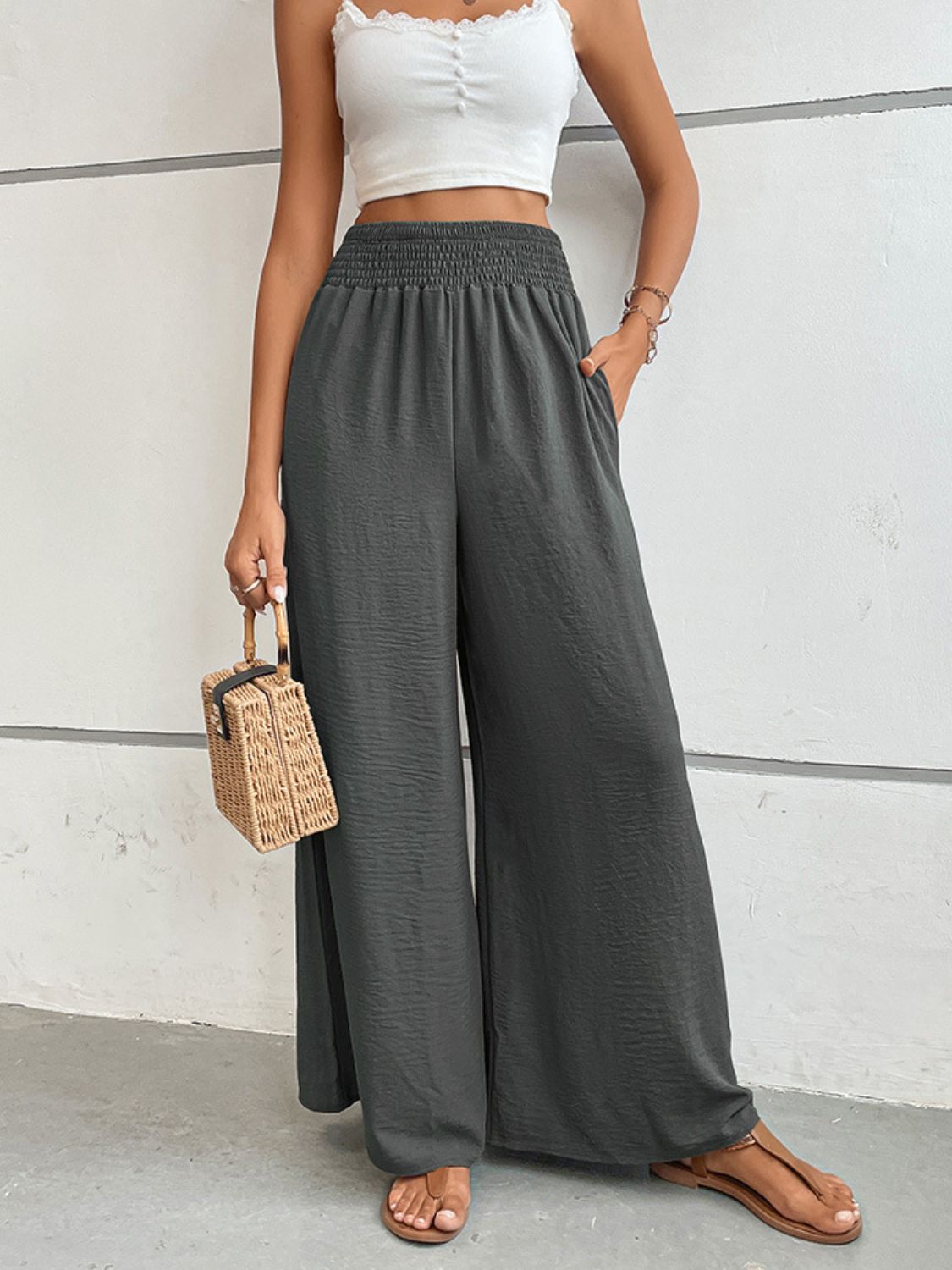 Wide Waistband Relaxed Fit Long Pants
