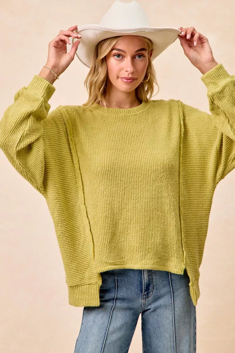 Boucle Uneven Hem Sweater in Lime by BiBi