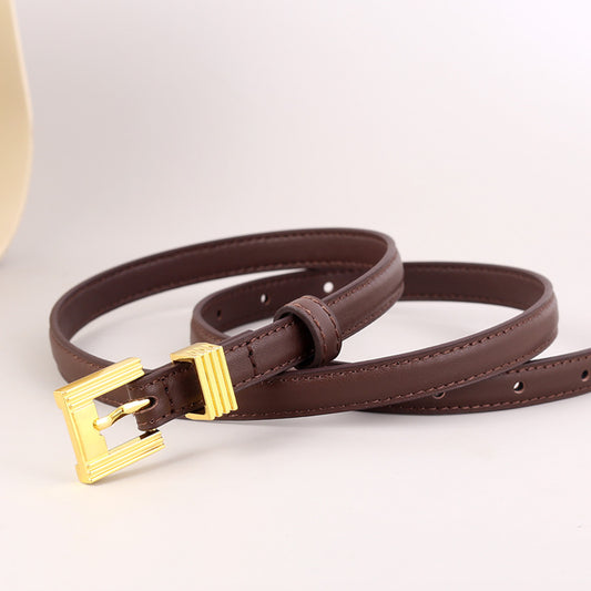 Ilussa Skinny Leather Belt with Golden Buckle — Coffee