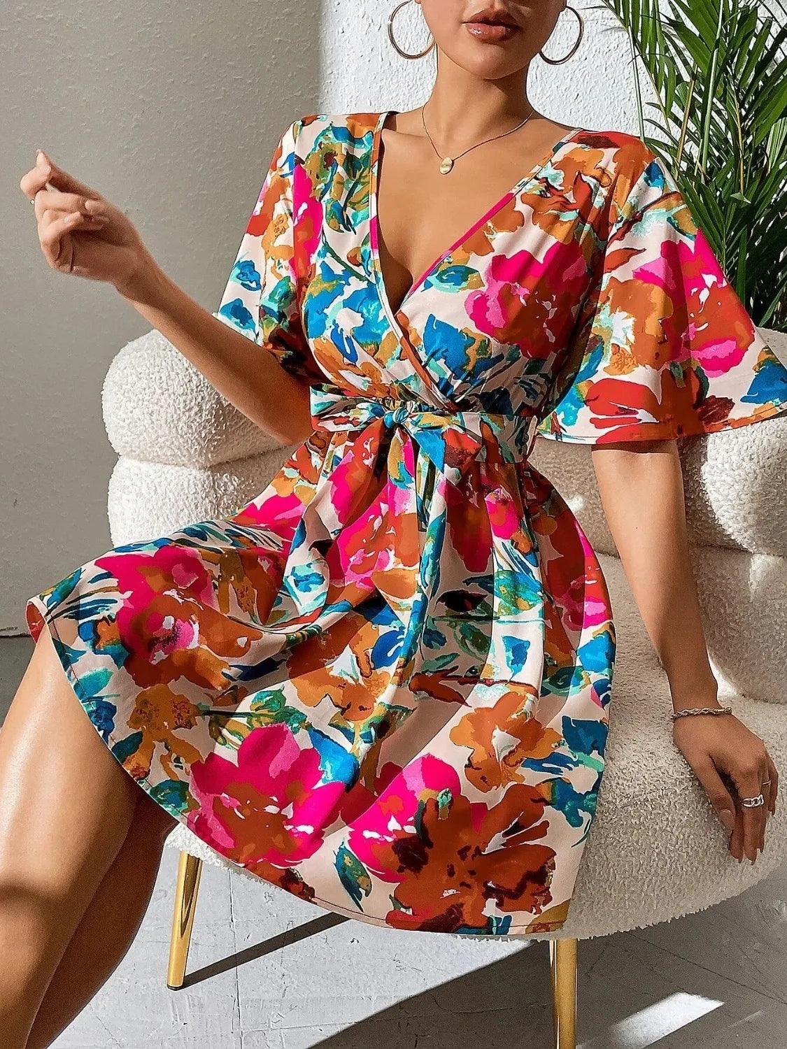 Printed Surplice Mini Dress in Hot Pink