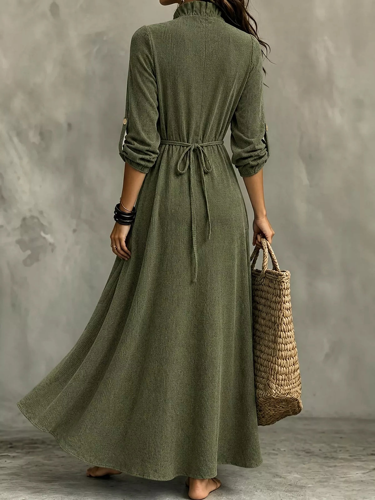 Frill Roll-Up Sleeve Maxi Dress
