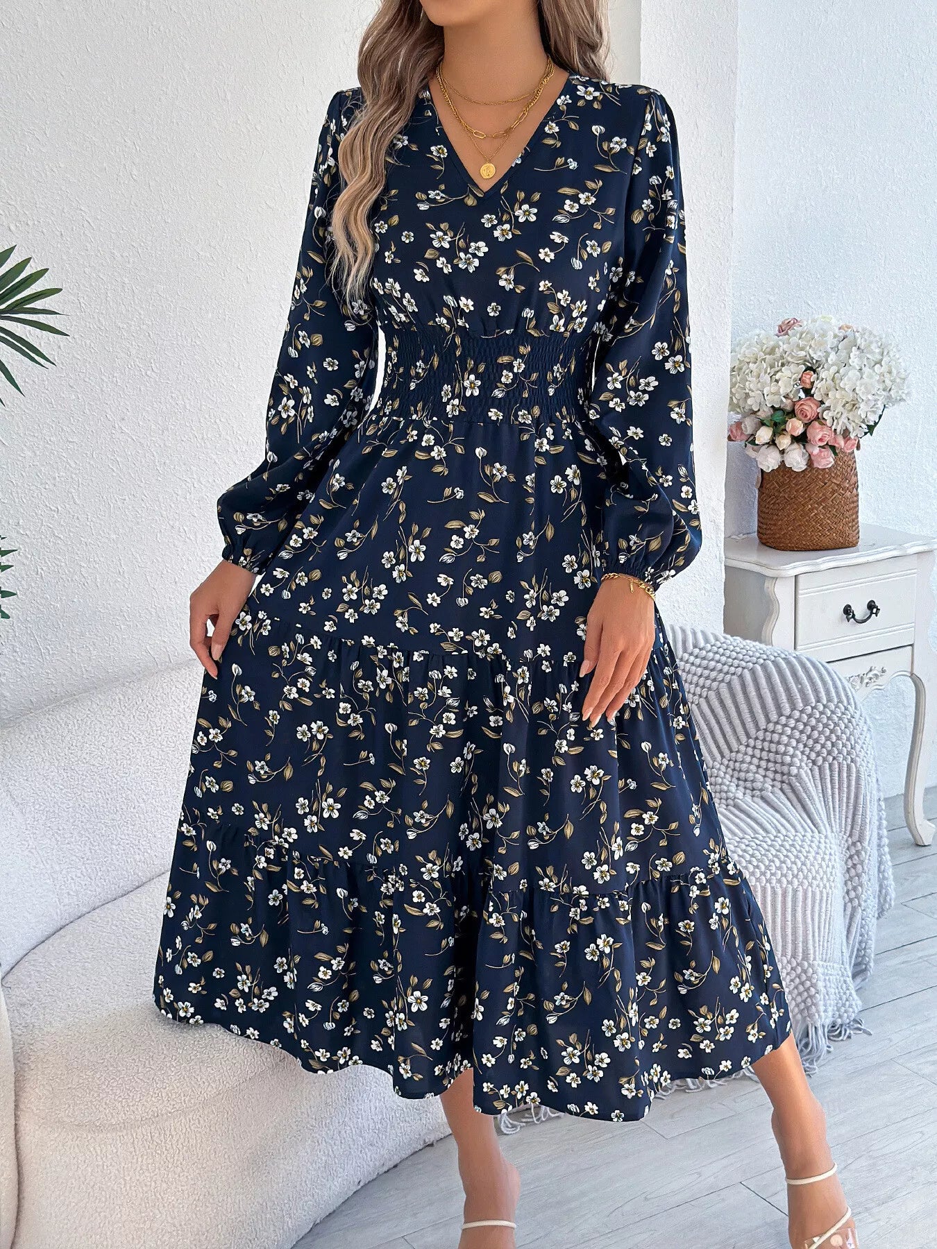 Floral Print Tiered Midi Dress