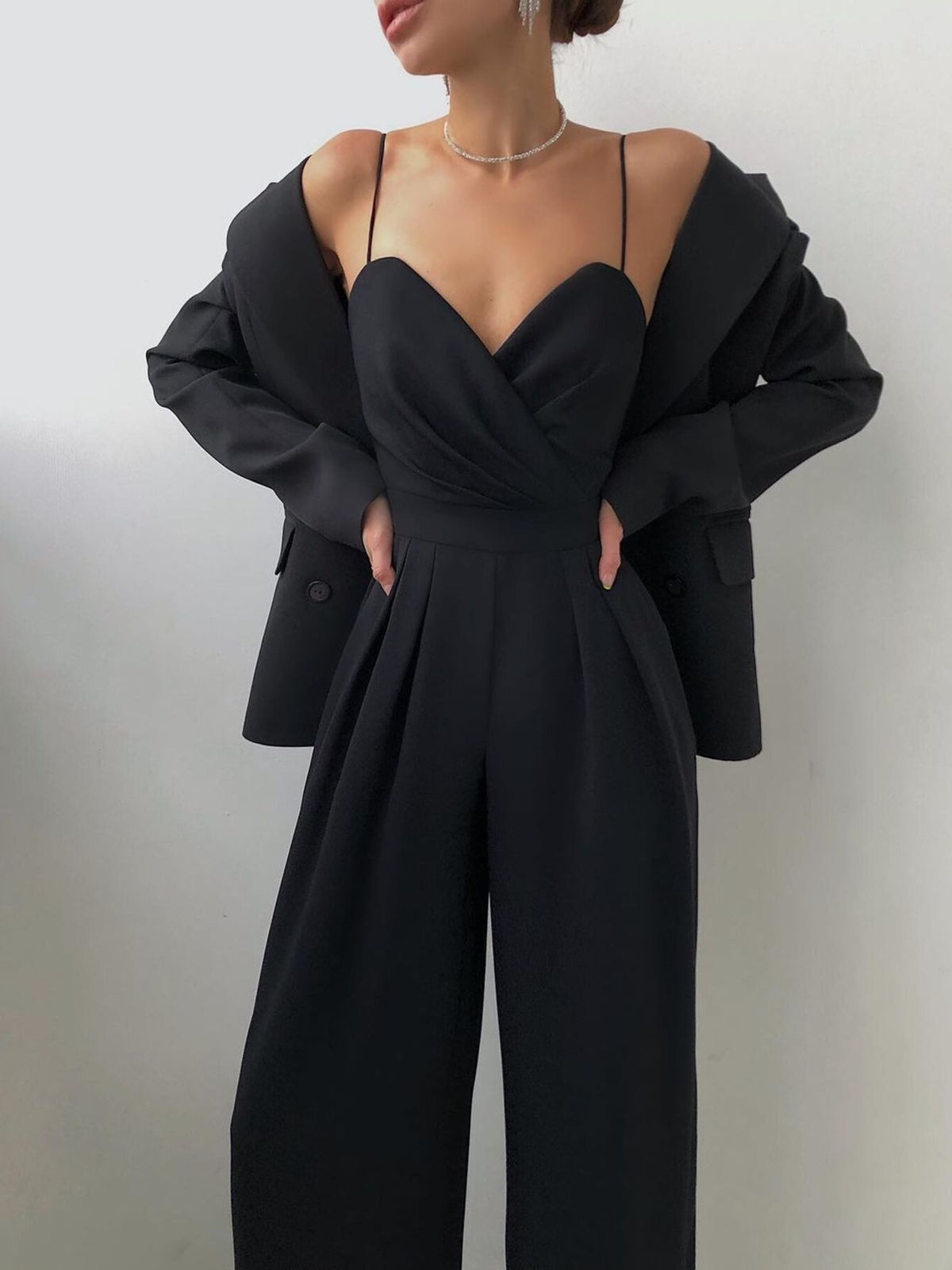 Ruched Wide Leg Jumpsuit with Spaghetti Straps