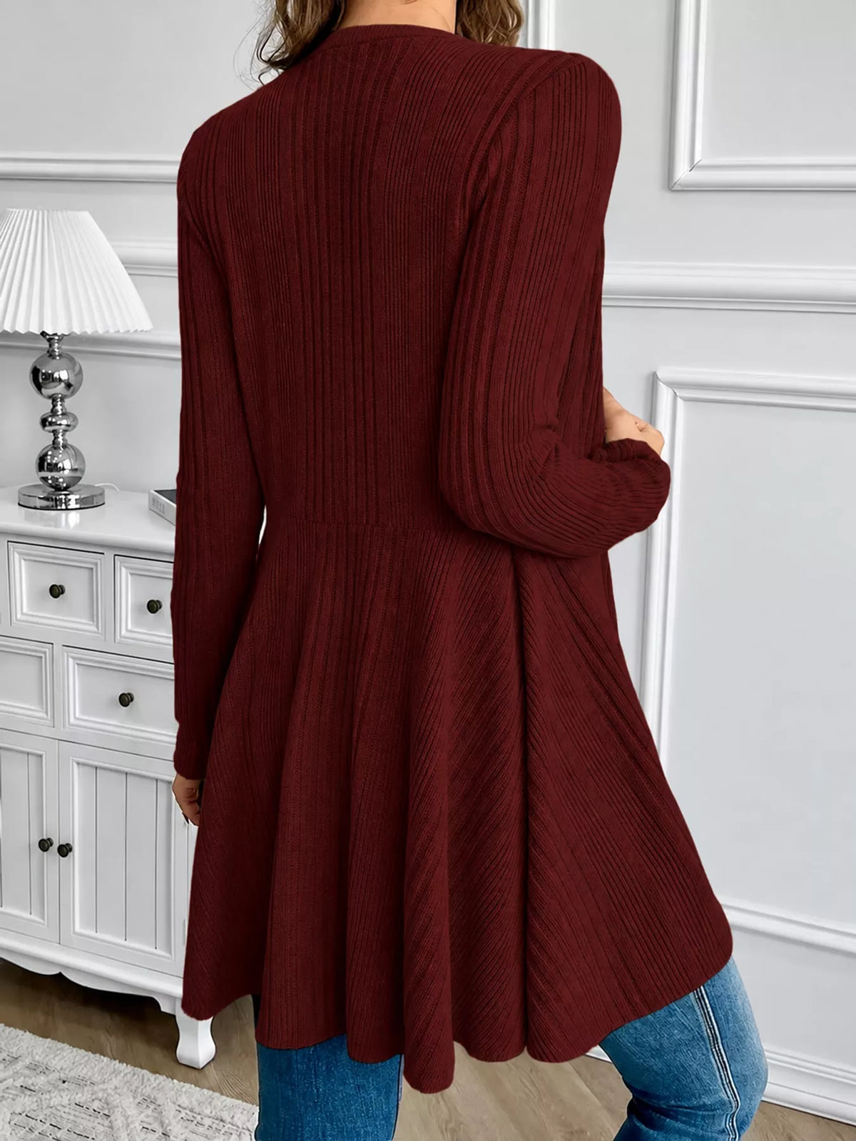 Ribbed Knit Open-Front Cardigan