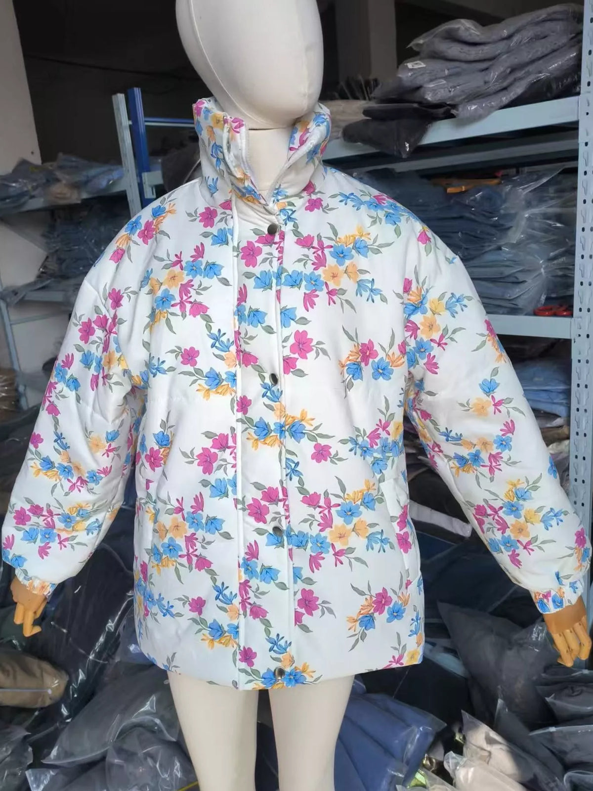Floral Print Oversized Puffer Jacket in White