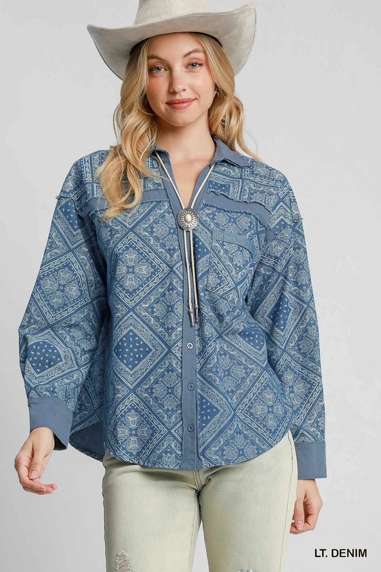 Umgee Patchwork Denim Jacket in Light Denim in Lt. denim