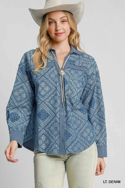 Umgee Patchwork Denim Jacket in Light Denim in Lt. denim