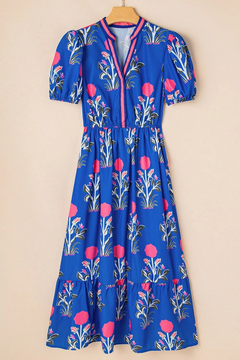 Floral Notched Puff Sleeve Dress in Royal Blue