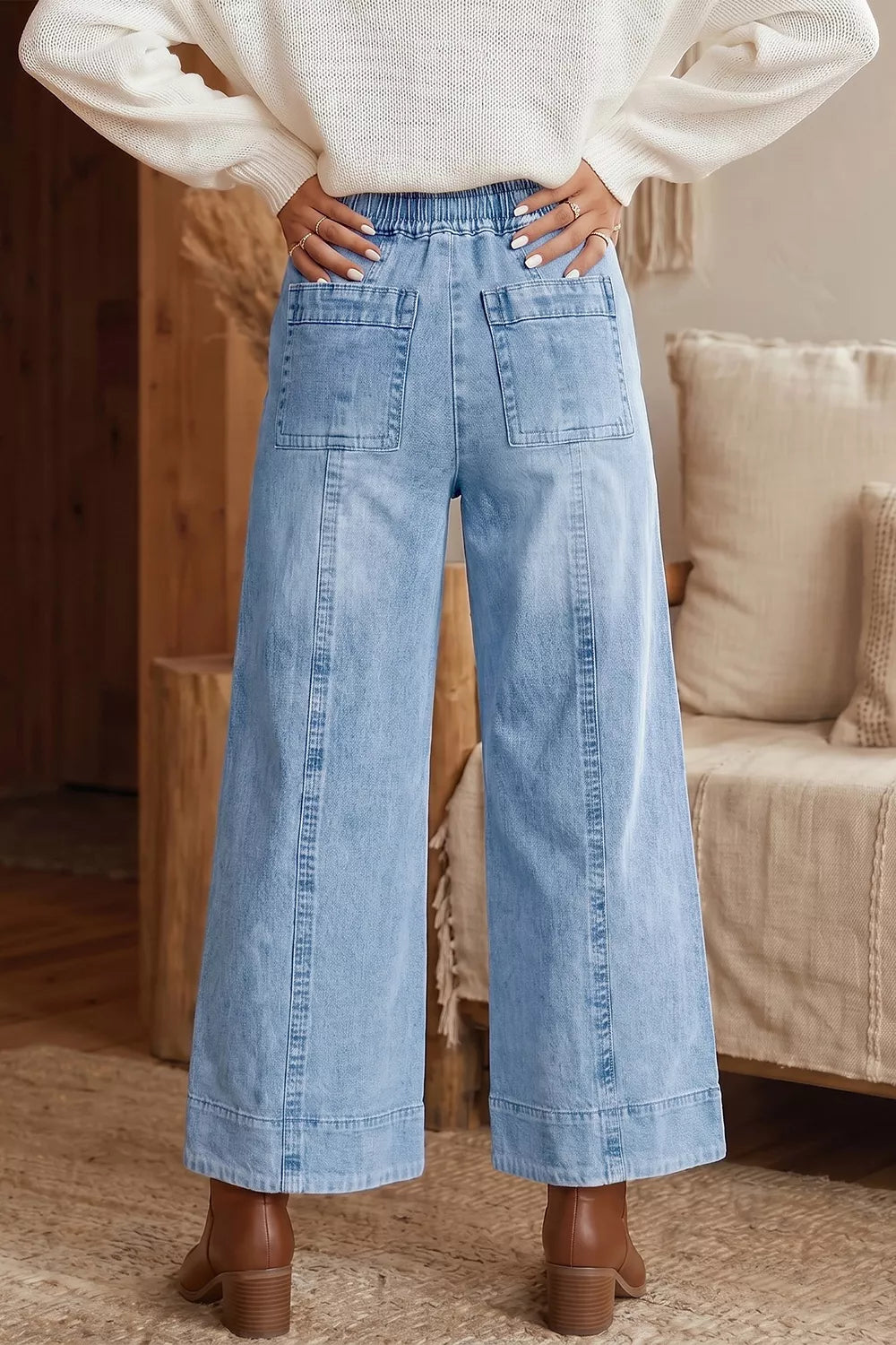 Drawstring Wide Leg Ankle Jeans in Light Blue