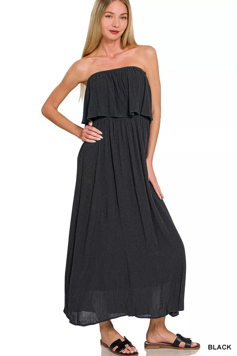 Zenana Crinkle Strapless Maxi Dress in Black