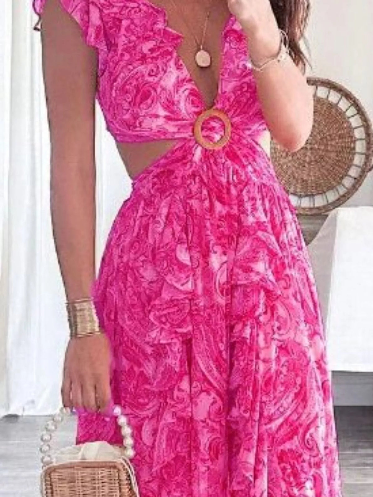 Ruffled Cutout V-Neck Maxi Dress