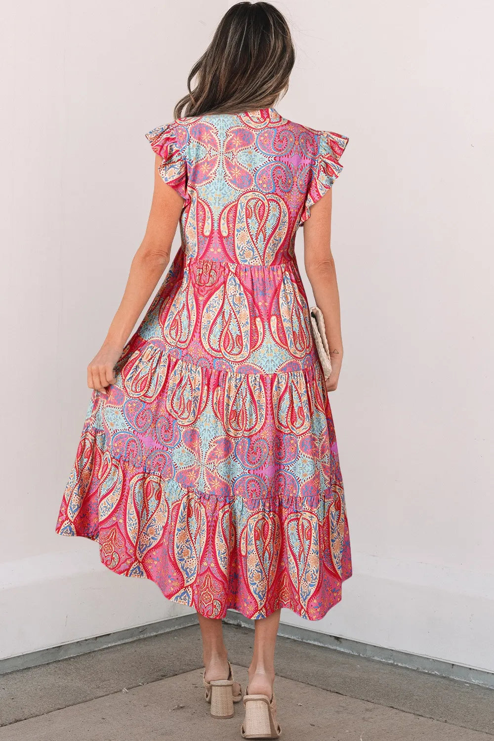 Tribal Paisley Print Midi Dress in Dusty Pink